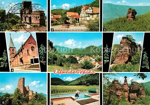 AK / Ansichtskarte Erfweiler_Pfalz Burgruine Alt Dahn Dorfplatz Hegerturm Kirche Sankt Wolfgang Rappenfelsen Erfweiler_Pfalz