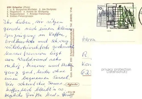 AK / Ansichtskarte Erfweiler_Pfalz Burgruine Alt Dahn Dorfplatz Hegerturm Kirche Sankt Wolfgang Rappenfelsen Erfweiler_Pfalz