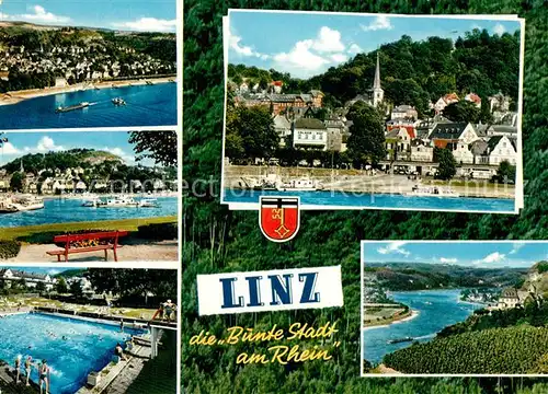 AK / Ansichtskarte Linz_Rhein Fliegeraufnahme Schwimmbad Park Faehrschiff Ortsansicht Linz_Rhein