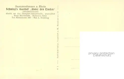 AK / Ansichtskarte Assmannshausen_Rhein Schmiegs Gasthof unter den Linden Assmannshausen Rhein