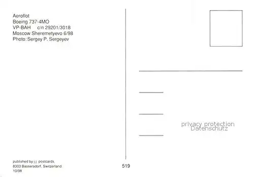 AK / Ansichtskarte Flugzeuge_Zivil Aeroflot Boeing 737 4MO VP BAH c n 29201 3018 Flugzeuge Zivil