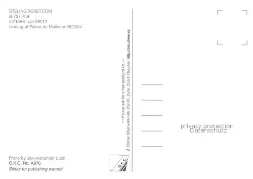 AK / Ansichtskarte Flugzeuge_Zivil Stelingticket.com B 737 7L9 OY MRK c n 28012 Flugzeuge Zivil