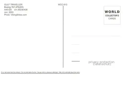 AK / Ansichtskarte Flugzeuge_Zivil Gulf Traveller Boeing 767 3P6 ER A40 GS c n 26236 436 Flugzeuge Zivil
