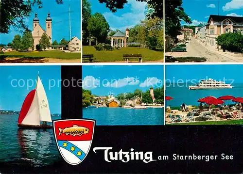 AK / Ansichtskarte Tutzing Kirche Park Ortsmotiv Segeln Strandcafe Fahrgastschiff Starnberger See Tutzing