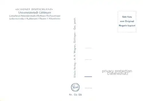 AK / Ansichtskarte Goettingen_Niedersachsen Gaenselieselbrunnen Weenderstrasse Rathaus Treppe Junkernschenke Auditorium Theater Albanikirche Serie Schoenes Deutschland Goettingen Niedersachsen