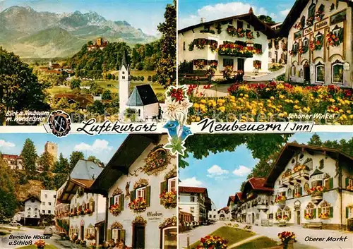 AK / Ansichtskarte Neubeuern Panorama mit Wendelstein Schoener Winkel Oberer Markt Bemalte Haeuser Schloss Neubeuern