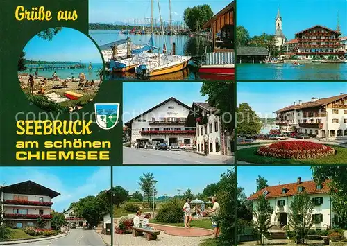 AK / Ansichtskarte Seebruck_Chiemsee Badestrand Yachthafen Hotel Restaurant Minigolf Seebruck Chiemsee