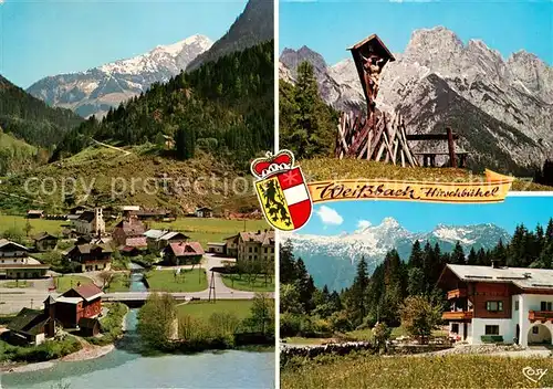 AK / Ansichtskarte Weissbach_Lofer Panorama mit Kammerlinghorn Berchtesgadener Alpen Wegekreuz Hirschbuehel Jausenstation Leoganger Steinberge Weissbach Lofer