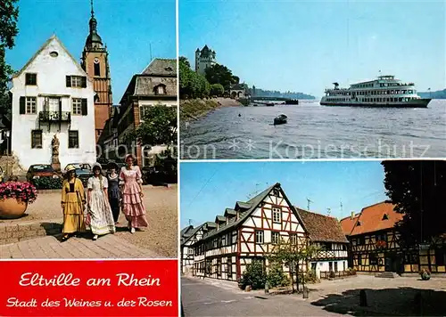 AK / Ansichtskarte Eltville_Rhein Trachten Fachwerkhaeuser Fahrgastschiff Eltville_Rhein