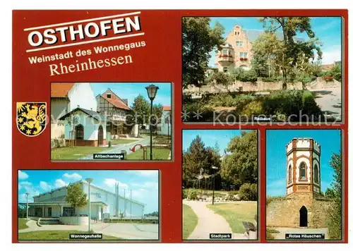 AK / Ansichtskarte Osthofen_Rheinhessen Weinstadt des Wonnegaus Altbachanlage Wonnegauhalle Rathaus Stadtpark Rotes Haeuschen Osthofen_Rheinhessen