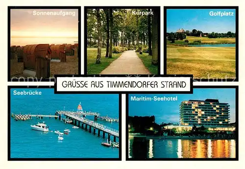 AK / Ansichtskarte Timmendorfer_Strand Sonnenaufgang am Meer Kurpark Golfplatz Maritim Seehotel Seebruecke Fliegeraufnahme Timmendorfer_Strand