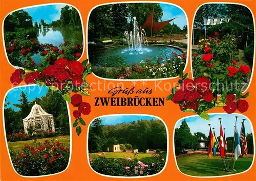 AK / Ansichtskarte Zweibruecken_Pfalz Rosengarten Brunnen Pavillon Fahnen Zweibruecken Pfalz