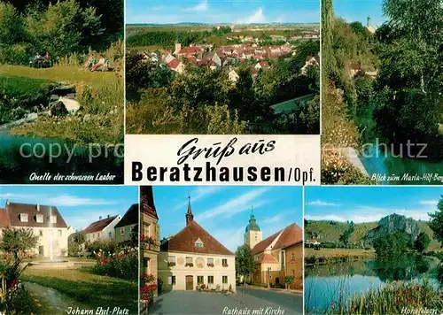 AK / Ansichtskarte Beratzhausen Quelle der schwarzen Laaber Johann Ehrl Platz Rathaus Kirche Hohefelsen Panorama Beratzhausen