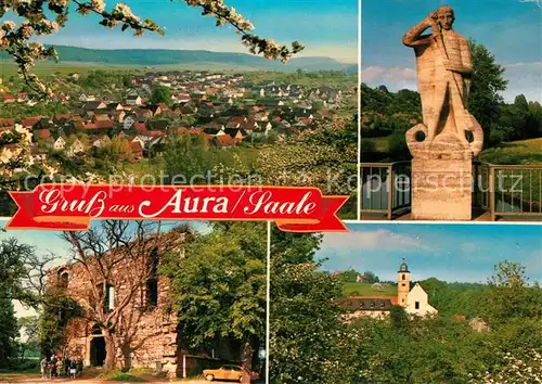 AK / Ansichtskarte Aura_Saale Panorama Baumbluete Denkmal Statue Kirche Ruine Aura_Saale
