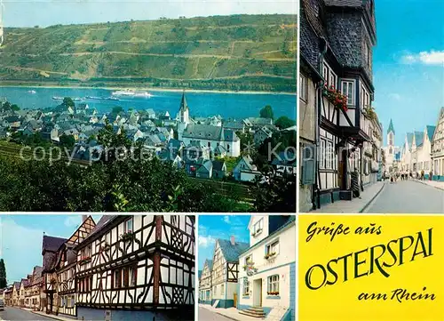 AK / Ansichtskarte Osterspai Panorama Blick zum Rhein Fachwerkhaeuser Strassenpartie Kirche Osterspai