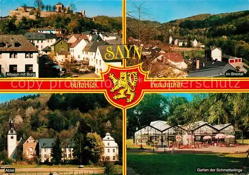 AK / Ansichtskarte Sayn_Bendorf Altsayn mit Burg Panorama Brextal Abtei Garten der Schmetterlinge Wappen Sayn Bendorf