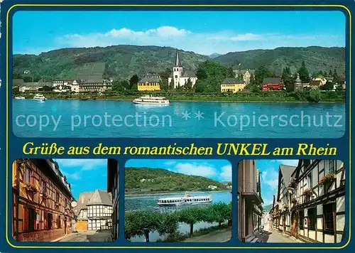AK / Ansichtskarte Unkel_Rhein Panorama Blick ueber den Rhein Fahrgastschiff Fachwerkhaeuser Unkel Rhein
