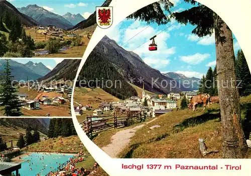 AK / Ansichtskarte Ischgl Panorama Paznauntal Alpen Freibad Bergbahn Almvieh Kuehe Ischgl