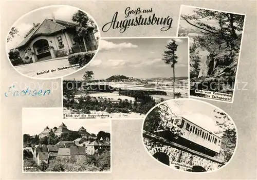 AK / Ansichtskarte Augustusburg Bahnhof Drahtseilbahn Schloss Zschopautal Landschaftspanorama Augustusburg Augustusburg