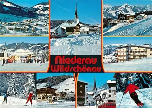 AK / Ansichtskarte Niederau_Wildschoenau Wintersportplatz Alpen Kirche Berghotels Langlaufloipe Skifahrer Niederau Wildschoenau