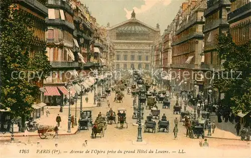 AK / Ansichtskarte Paris Avenu de l`Opera Hotel du Louvre Pferdekutschen Paris