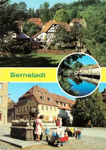 AK / Ansichtskarte Bernstadt_Loebau Teilansicht Partie am Fluss Marktplatz Brunnen Bernstadt_Loebau