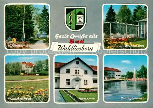 AK / Ansichtskarte Waldliesborn_Bad Kurpark Deutsches Haus Badehaus Springbrunnen Brunnenhaus Wappen Waldliesborn_Bad