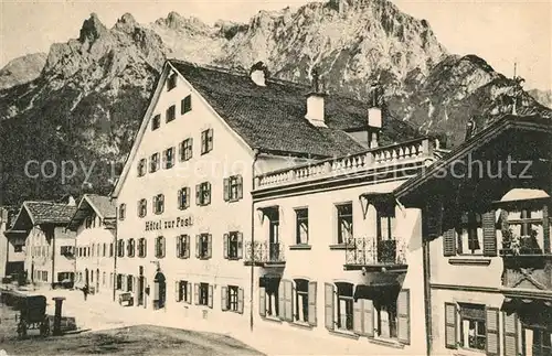 AK / Ansichtskarte Mittenwald_Bayern Hotel zur Post mit Karwendel Mittenwald Bayern