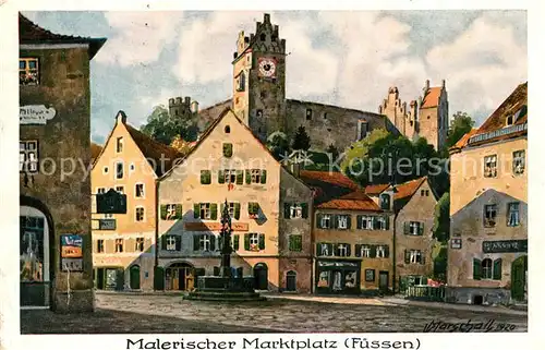 AK / Ansichtskarte Fuessen_Allgaeu Marktplatz Rathaus Schloss Kuenstlerkarte Marschall Fuessen Allgaeu