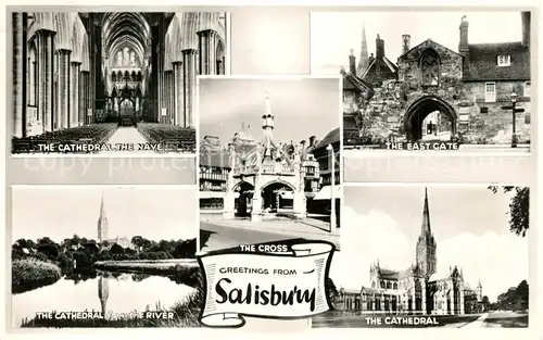 AK / Ansichtskarte Salisbury_Wiltshire Cathedrale Nave East Gate River The Cross 