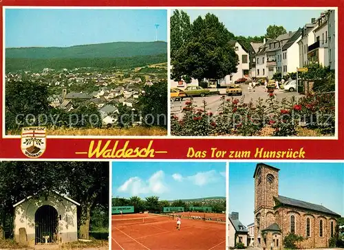 AK / Ansichtskarte Waldesch Panorama Dorfstrasse Kapelle Tennisplatz Kirche Waldesch