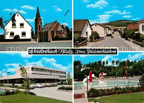 AK / Ansichtskarte Weilerbach_Kaiserslautern Kirche Strassenpartie Stadthalle Schwimmbad Weilerbach_Kaiserslautern