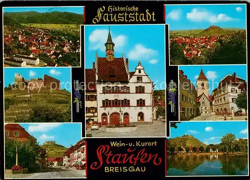 AK / Ansichtskarte Staufen_Breisgau Fliegeraufnahme Rathaus Burgruine Stadttor Panoramen Staufen Breisgau