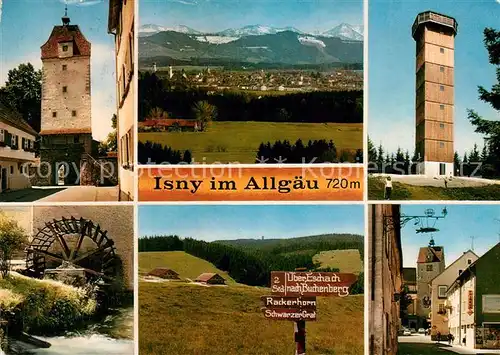 AK / Ansichtskarte Isny_Allgaeu Stadtturm Muehlrad Aussichtsturm Wegweiser  Isny Allgaeu