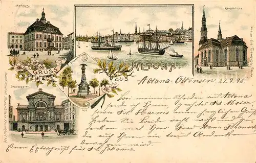 AK / Ansichtskarte Ottensen_Hamburg Rathaus Stadttheater Hauptkirche Hafen Segelboote Siegesdenkmal Litho Ottensen Hamburg