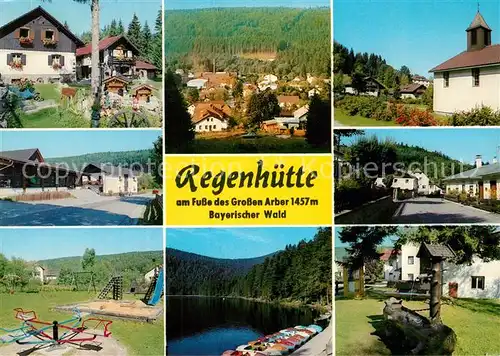 AK / Ansichtskarte Regenhuette_Bayerisch_Eisenstein Spielplatz Brunnen Bootsanlegestelle Panorama Kirche Regenhuette_Bayerisch