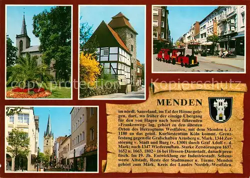 AK / Ansichtskarte Menden_Sauerland Evangelische Kirche Teufelsturm Fussgaengerzone Vincenskirche Menden_Sauerland