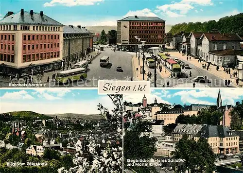 AK / Ansichtskarte Siegen_Westfalen Bahnhofsvorplatz Blick vom Giersberg Siegbruecke Schloss Kirche Siegen_Westfalen