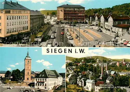 AK / Ansichtskarte Siegen_Westfalen Hauptbahnhof Vorplatz Michaelkirche Schloss Nikolaiturm Rathaus Siegen_Westfalen