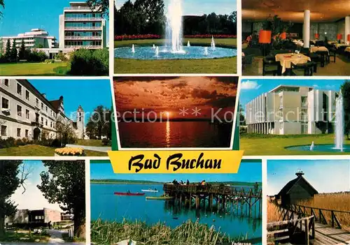 AK / Ansichtskarte Bad_Buchau_Federsee Springbrunnen Seebruecke Kurkliniken Abendstimmung Bad_Buchau_Federsee