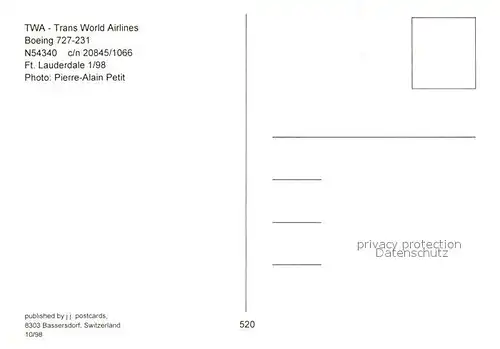 AK / Ansichtskarte Flugzeuge_Zivil TWA Trans World Airlines Boeing 727 231 N54340 c n 20845 1066 Flugzeuge Zivil