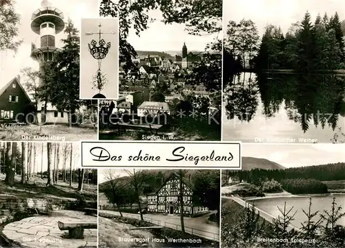 AK / Ansichtskarte Siegen_Westfalen Kindelsberg Stadtblick Weiher Siegquelle Haus Werthenbach Breitenbach Talsperre Siegen_Westfalen