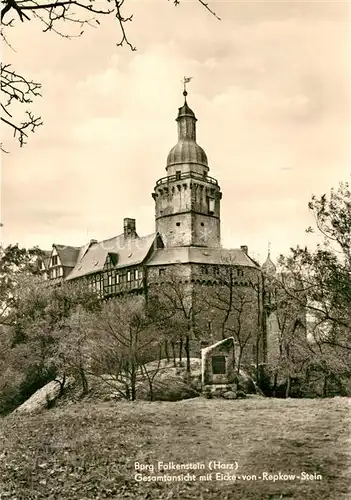 AK / Ansichtskarte Falkenstein_Harz Burg Falkenstein mit Eicke von Repkow Stein Falkenstein_Harz