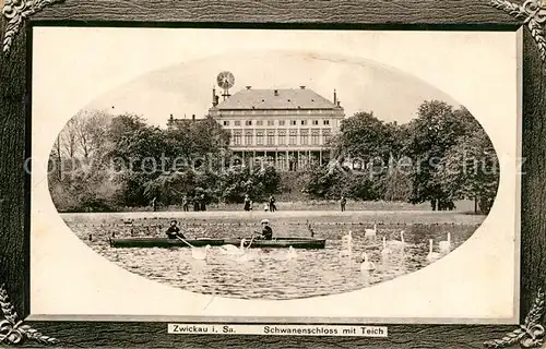 AK / Ansichtskarte Zwickau_Sachsen Schwanenschloss mit Teich Ruderboot Schwaene Zwickau Sachsen