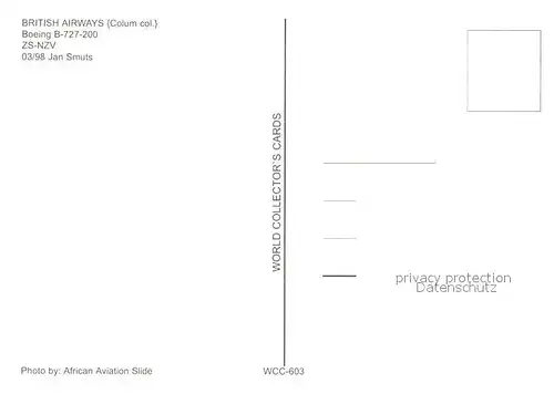 AK / Ansichtskarte Flugzeuge_Zivil British Airways Colum Colours Boeing B 727 200 ZS NZV  Flugzeuge Zivil