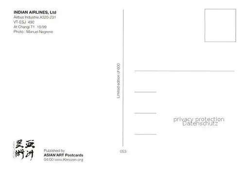 AK / Ansichtskarte Flugzeuge_Zivil Indian Airlines Airbus Industrie A320 231 VT ESJ 490 Flugzeuge Zivil