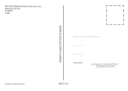 AK / Ansichtskarte Flugzeuge_Zivil British Airways Kudrina Semenoc Colours Boeing B 737 300 G XMAN Flugzeuge Zivil