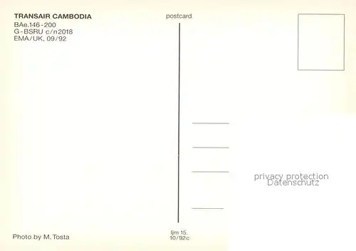 AK / Ansichtskarte Flugzeuge_Zivil Transair Cambodia BAe 146 200 G BSRU c n 2018 Flugzeuge Zivil