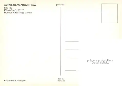 AK / Ansichtskarte Flugzeuge_Zivil Aerolineas Argentinas MD 83 LV VAG c n 53117 Flugzeuge Zivil