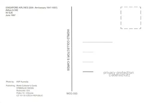 AK / Ansichtskarte Flugzeuge_Zivil Singapore Airlines Airbus A 340 9V SJE  Flugzeuge Zivil